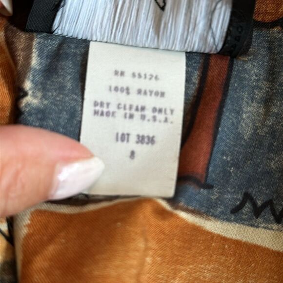 Vtg 80s/90s Positive Attitude Brown, Tan & Blue Wrap Look Tropical Print Dress - Picture 9 of 9